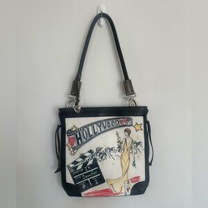 Brighton Vintage Hollywood Art Shoulder Bag Leather Trim EUC